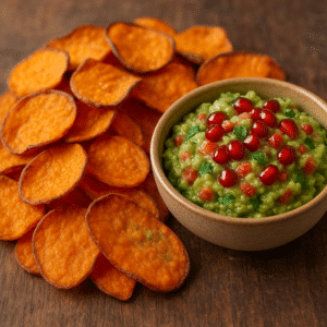 Chips de Boniato con Guacamole de Granada: el snack crujiente y saludable que necesitas